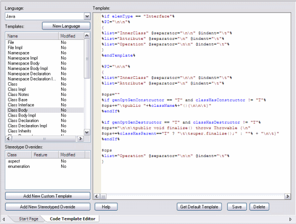 mda code template editor